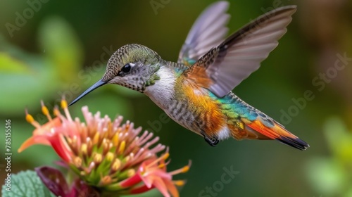 A vibrant hummingbird hovers mid-air its iridescent feathers shimmering as it sips nectar from a delicate flower.