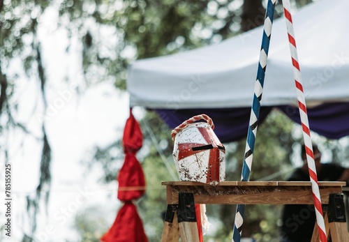 Fototapeta Beautiful view of knights helmet with jousting weapon