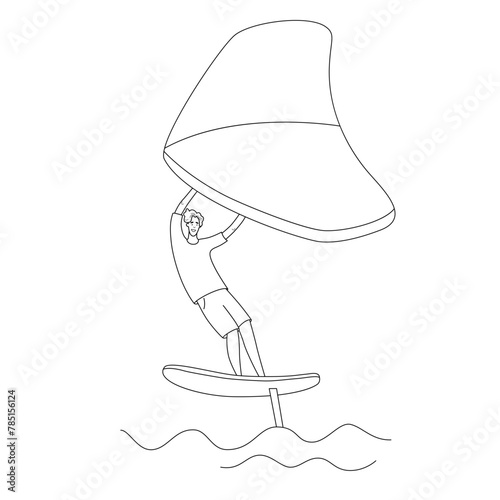 Man standing on a board, holds onto a wing and moves the board across the water. Wing foiling sport. Vector isolated  illustration in line style.