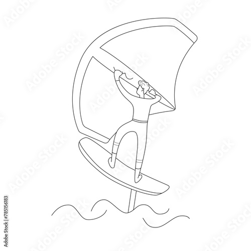 Man standing on a board, holds onto a wing and moves the board across the water. Wing foiling sport. Vector isolated  illustration in line style.
