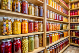 Pantry lined with shelves stocked up with jars of preserves 