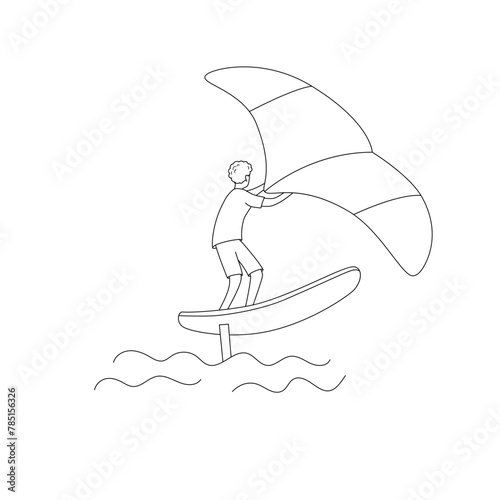 Man standing on a board, holds onto a wing and moves the board across the water. Wing foiling sport. Vector isolated  illustration in line style.