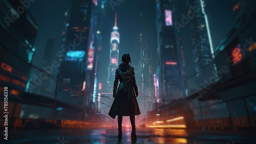 A young woman standing on a street of night futuristic megapolis city. Retrofuturism art woman model photography illustration. Beautiful blurry bokeh neon lights and deep shadows.