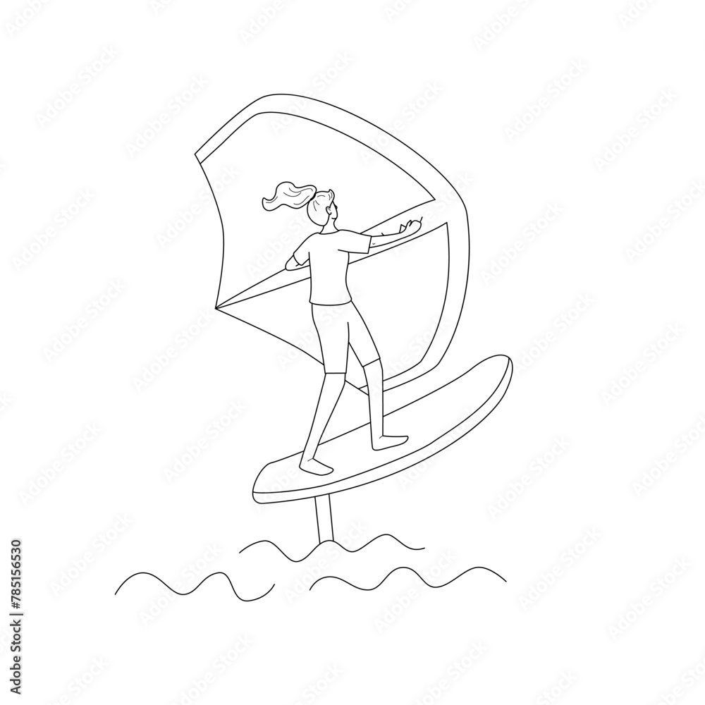 Fototapeta premium Woman standing on a board, holds onto a wing and moves the board across the water. Wing foiling sport. Vector isolated illustration in line style.