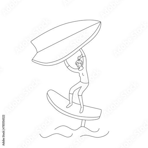 Woman standing on a board, holds onto a wing and moves the board across the water. Wing foiling sport. Vector isolated  illustration in line style.