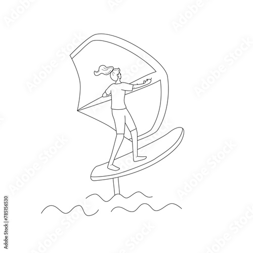 Woman standing on a board, holds onto a wing and moves the board across the water. Wing foiling sport. Vector isolated  illustration in line style.