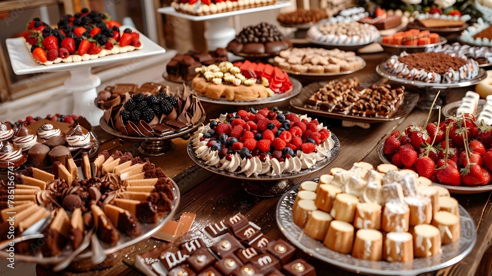 dessert table of chocolate, cakes and other sweets. Large assortment of desserts with berries
