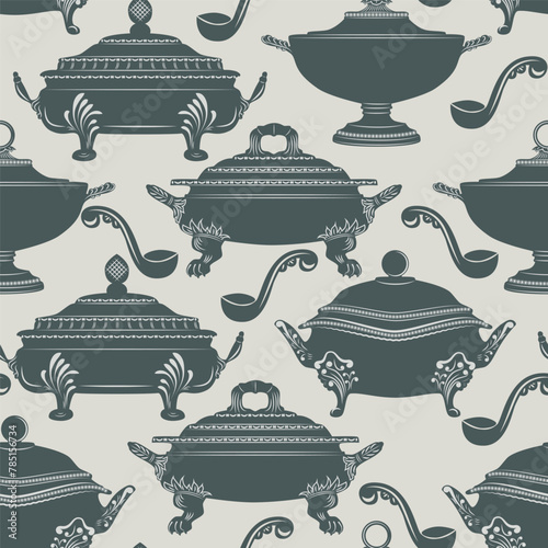 .Various tureens and ladles. Seamless monochrome pattern. Vector illustration. photo