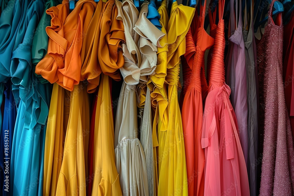 A rack of colorful garments, dresses 