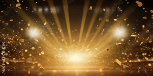 Gold background  lights and golden confetti on the gold background  football stadium with spotlights  banner for sports events