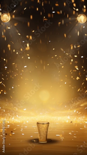 Gold background, lights and golden confetti on the gold background, football stadium with spotlights, banner for sports events
