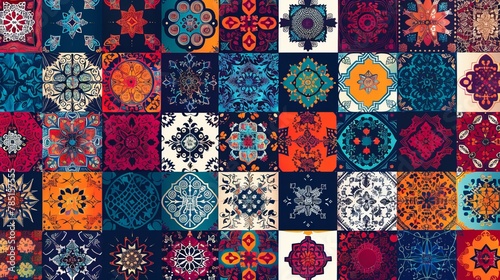 Colorful hand-drawn vector patchwork quilt pattern with Indian, Arabic, and Turkish motifs for fabric or paper