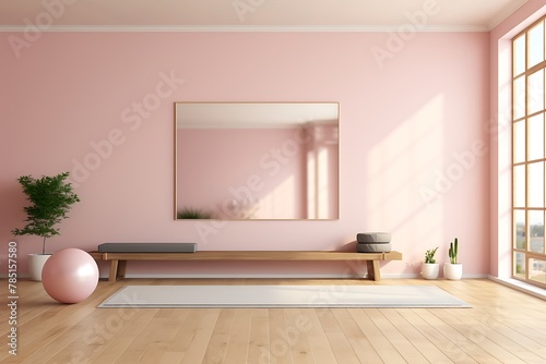 Interior of modern room with wooden floor, round mirror and shelf. gym concept