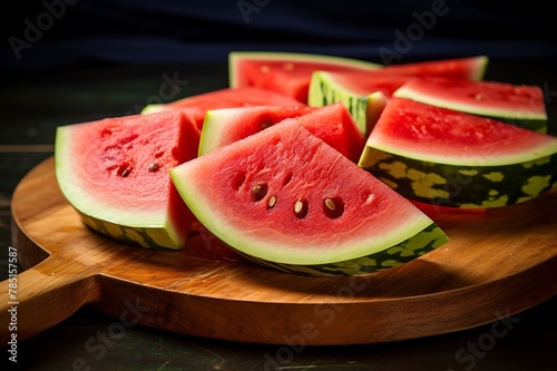 Slices of watermelon on a wooden board. Black background.