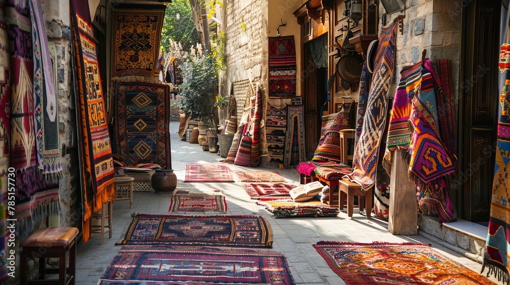 Colorful handmade carpets displayed at a street market in Morocco, within the old Tbilisi bazaar