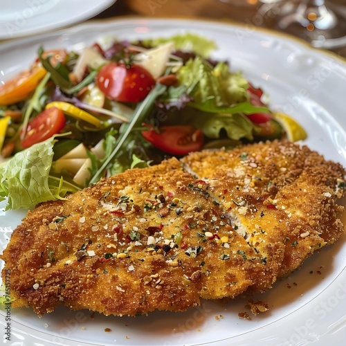 Cotoletta alla Milanese with its golden-brown breadcrumbs and a vibrant Italian salad on the side photo