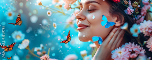 portrait of a happy woman surrounded by many butterflies, against the backdrop of flowers or a blooming garden.