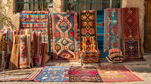 Colorful handmade carpets displayed at a street market in Morocco, within the old Tbilisi bazaar © Orxan
