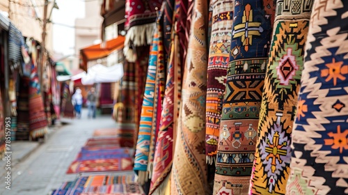 Colorful handmade carpets displayed at a street market in Morocco, within the old Tbilisi bazaar © Orxan