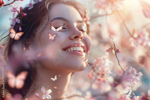 portrait of a happy woman surrounded by many butterflies, against the backdrop of flowers or a blooming garden.