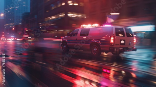Fast-paced movement capture of an ambulance racing to an urgent situation. photo