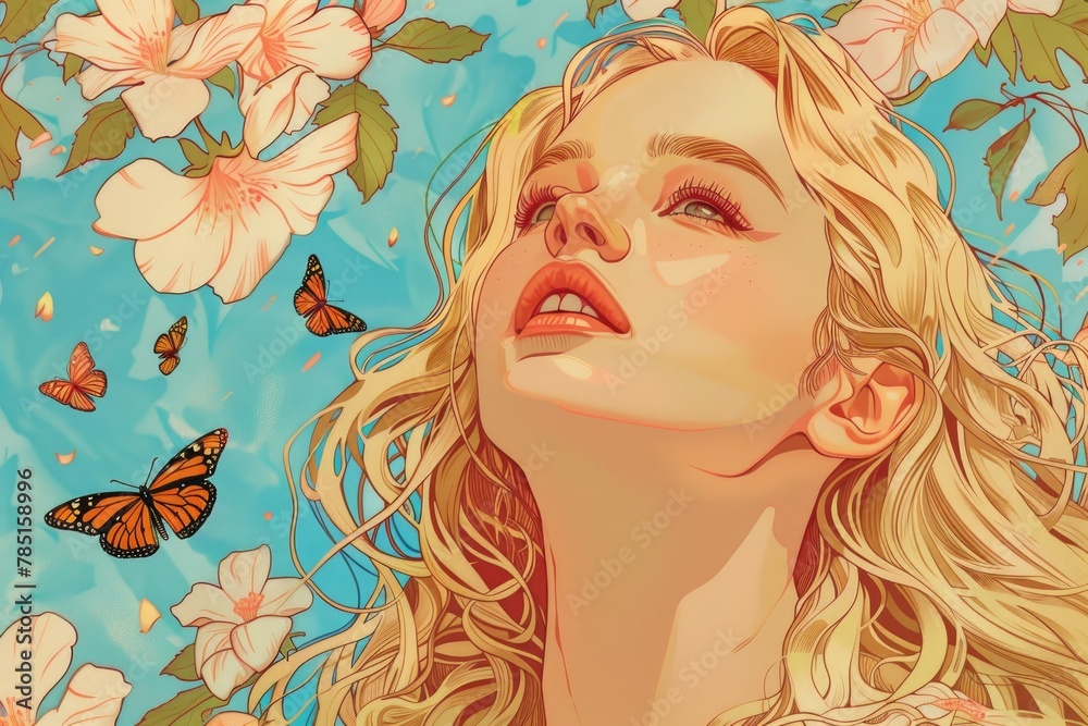 portrait of a happy woman surrounded by many butterflies, against the backdrop of flowers or a blooming garden. style illustration.