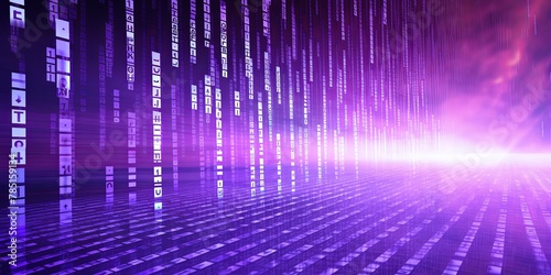 Lavender abstract binary code background with glowing light rays and digital numbers for technology concept