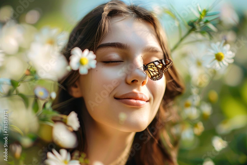 portrait of a happy woman surrounded by many butterflies, a butterfly sitting on her nose, against the background of flowers or a blooming garden.
