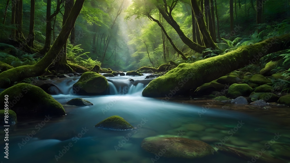 AI generated illustration of a stream flowing through a forest, flanked by moss-covered rocks