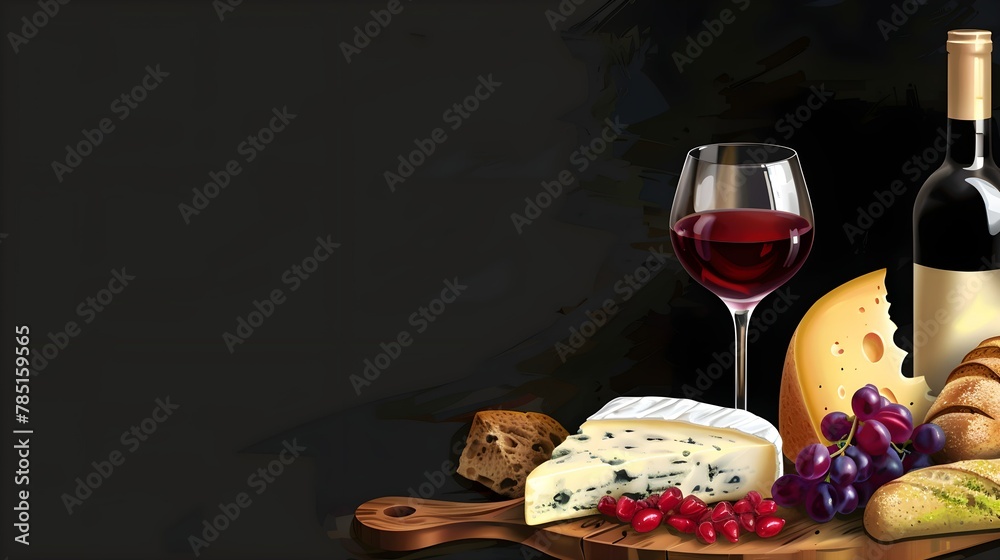Cheese, red wine in wineglass , freshly baked bread, bottle on wooden board on black background with copy space. Illustration 