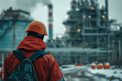 Man in red jacket and orange helmet observing nuclear power plant construction