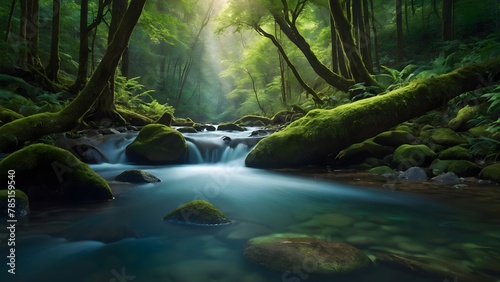 AI generated illustration of a stream flowing through a forest  flanked by moss-covered rocks