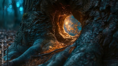 Magical portal in tree trunk, close-up, low angle, blurred forest, twilight, realm entrance