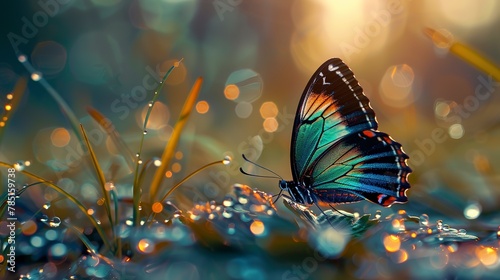 Iridescent butterfly, enchanted forest, close-up, eye-level view, soft focus, morning dew  © Thanthara