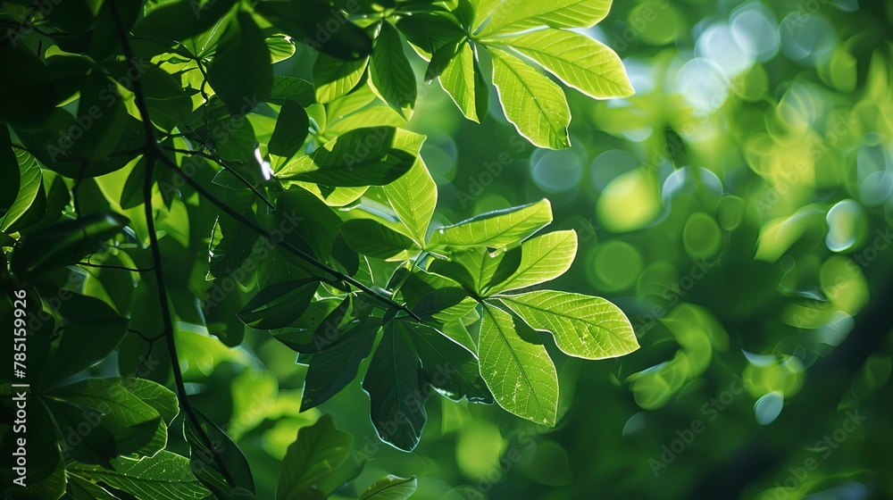 Lush green leaves, vibrant forest canopy, close-up, eye-level, rich afternoon glow Lush green leaves, vibrant forest canopy, close-up, eye-level, rich afternoon glow