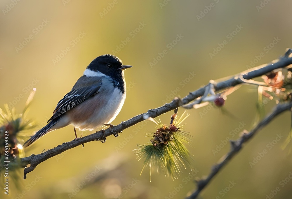AI generated illustration of a bird perched on a tree branch