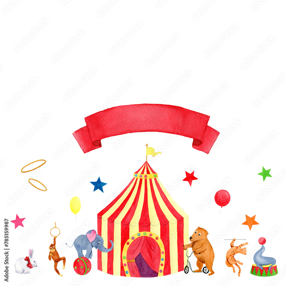 Horizontal composition watercolor circus tent and animals: elephant, rabbit, bear, cat, monkey and seal with red ribbon, stars on white background
