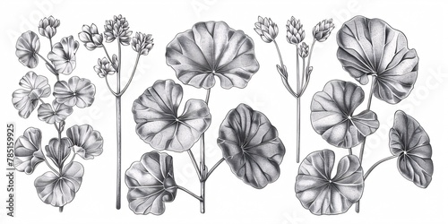 A collection of hand-drawn black and white sketches featuring the Centella asiatica plant, perfect for use in graphic design projects.