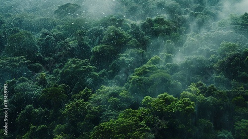 Misty raindrops on canopy  dense forest  close-up  high-angle  serene rainfall ambiance 