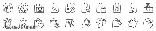 Line icons set about shopping bags. Contains such icons as sale, eco, click and collect, grocery and more. Editable vector stroke. 512x512 Pixel Perfect in transparent background. © Artco