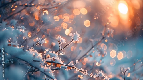 Frosty branches, winter forest bokeh, close-up, ground-level shot, icy light leaks, dawn's embrace  © Thanthara