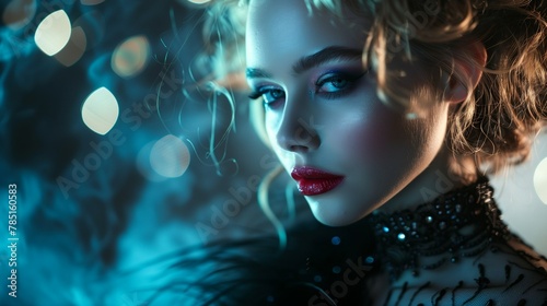 AI generated illustration of a stunning woman with blue eyes, red lips, and a black dress