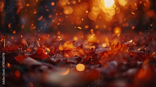 Autumn leaves, rich colors, close-up, straight-on shot, forest bokeh, warm light leaks, sunset 
