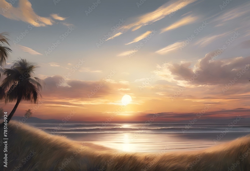 an illustration of a beach with sunset over the water and palm trees