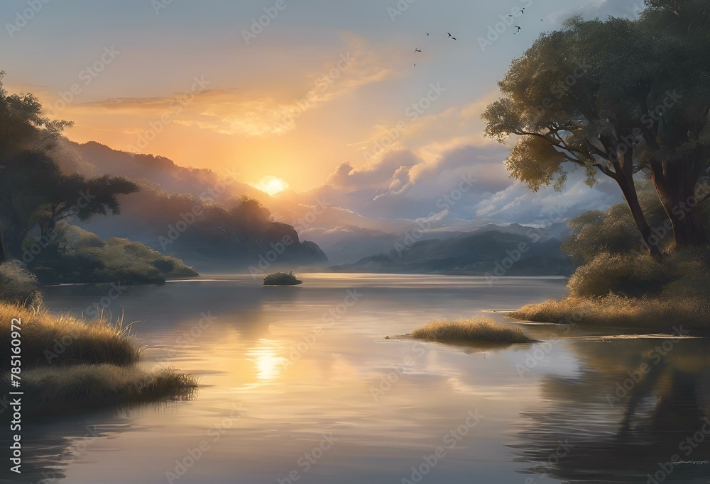 a painting of the setting of a lake at sunset with clouds above it