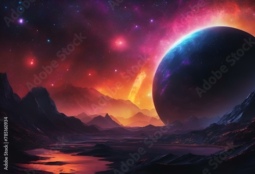AI generated illustration of A distant planet in space with celestial mountains and stars
