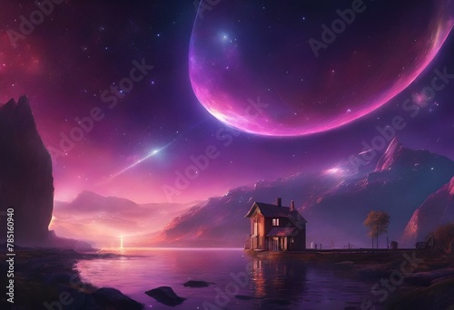 AI generated illustration of A distant planet in space with celestial mountains and stars