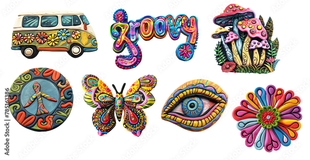 Refrigerator magnets decoration set. Back in 70s concept, groovy style