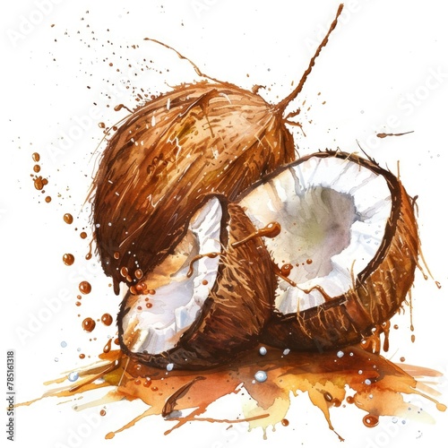 A watercolor rendition of coconuts amidst a dynamic splash of golden browns