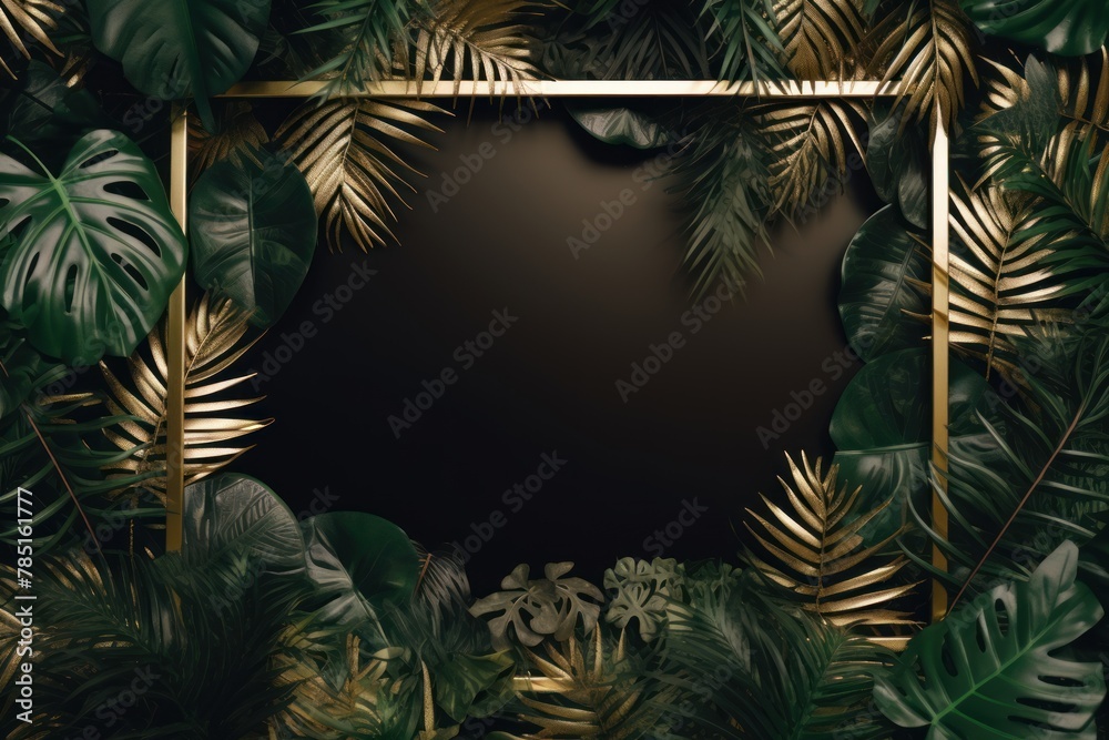 Gold frame background, tropical leaves and plants around the gold rectangle in the middle of the photo with space for text